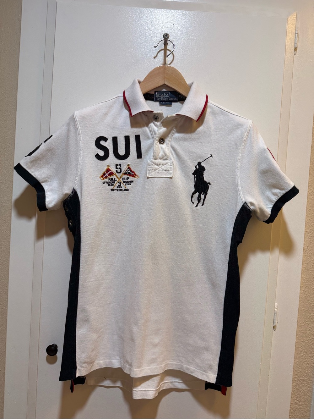 Polo by Ralph Lauren Men’s White Polo with Black Accents and Red Trim